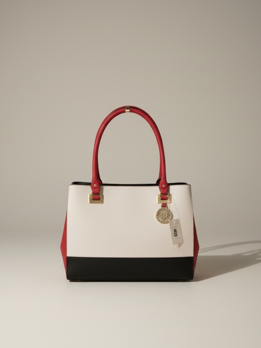 Red & White Colorblock Tote Bag with Gold Accent